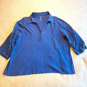 Studio Works Women’s Plus 3X Blue Solid Collared 3/4 Sleeve Knit Cotton Polo